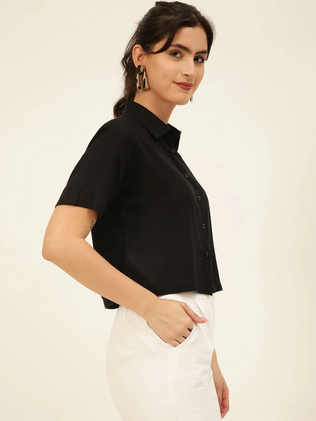 Solid Rayon Crop Shirt